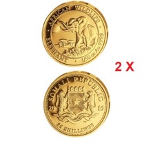 SOLID GOLD 999.9 Somalia African Elephant rare 2016 coins PAIR