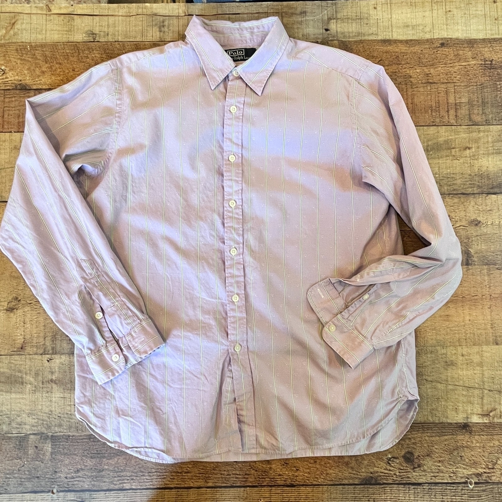 POLO Ralph Lauren Purple Dress Shirt Green Stripes Large Office Work Career thumbnail 5