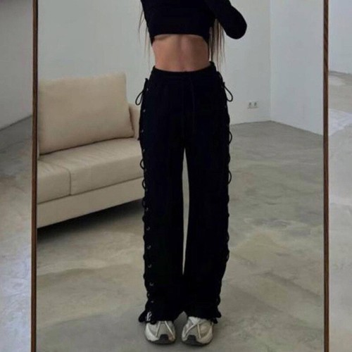 Damenhose seitlich hohl aus Schnürhose breite Beine Freizeit Streetwear Hose Party - Bild 4 von 10