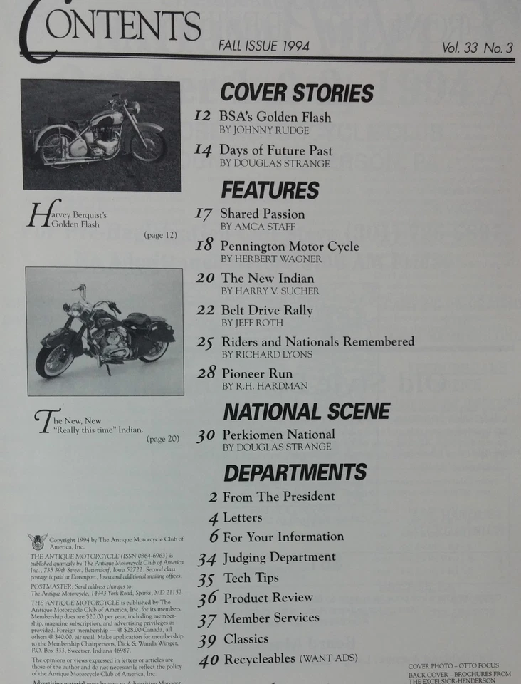 THE ANTIQUE MOTORCYCLE MAGAZINE FALL 1994 BSA HARVEY BERQUIST 1950 GOLDEN FLASH - Image 2 of 2