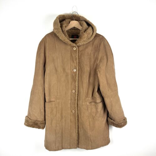 Vintage Y2K Gallery Hooded Suede Leather Penny Lane Coat Faux Fur Trim Sz L Warm - Picture 3 of 13