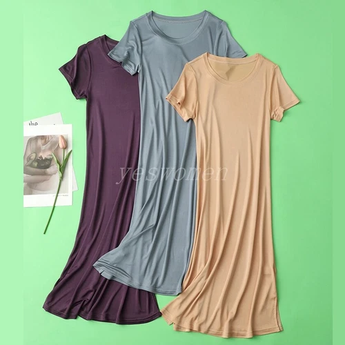 Women Mulberry Silk Long Shirts Short Sleeve Sleep Slips Dress Nightgown T Shirt - Bild 2 von 25