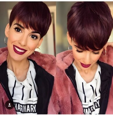 99J Burgundy Red Pixie Cut Wigs for Women Real Human Hair  display picture 1