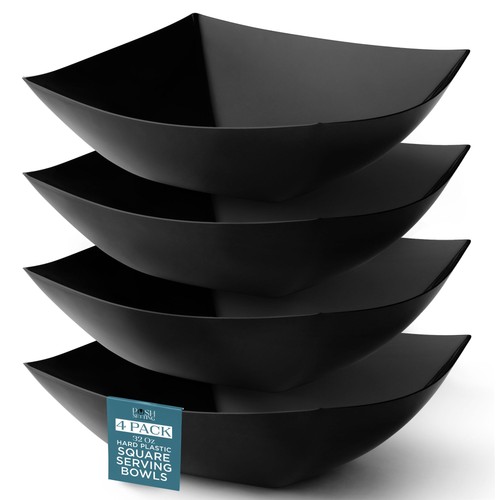 - Black Plastic Serving Bowls (32oz - 4 Pack) Square, Disposable, Salad & Fru...