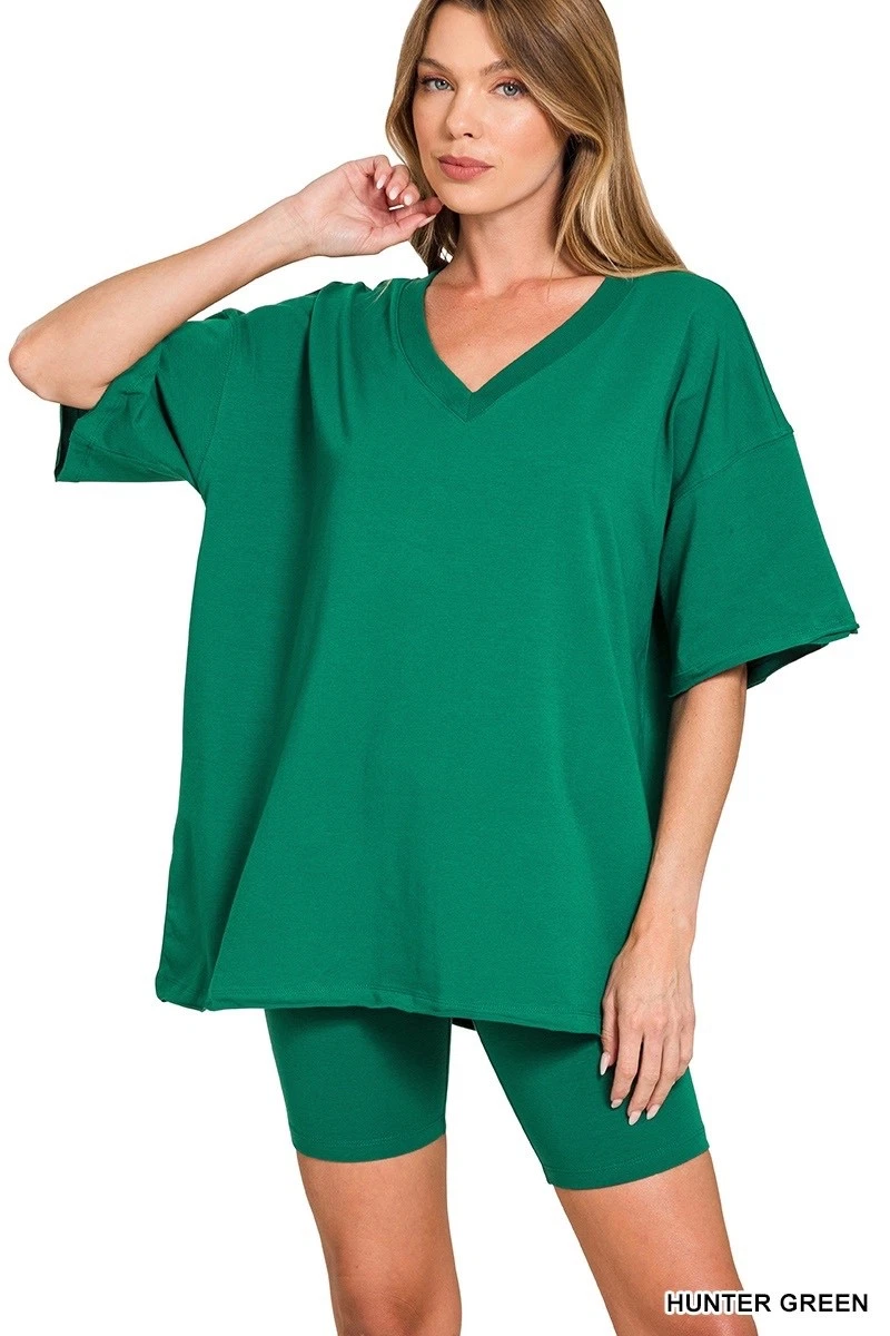 ZENANA - COTTON V-NECK TOP & BIKER SHORTS SET - KELLY GREEN - M
Opens in a new window or tab