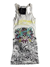 Ed Hardy Women's S White Multicolor Tattoo Graphic Lace Tank Mini Dress