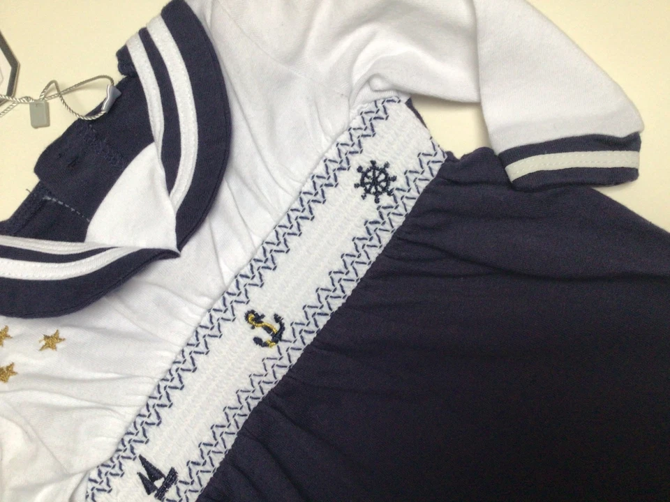 Baby Boys Spanish navy Smocked nautical Sleepsuit 0-3 Months Cotton - Image 3 of 4