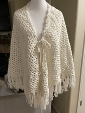 Handmade Crocheted Shawl Wrap Ivory Tie Front Boho Grannycore Cottagecore Hippie