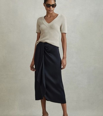 REISS Bella High Rise Wrap Midi Skirt in Navy size 6 / US 2