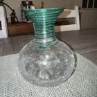 Blenko Crackle Glass Vase Crystal Applied Teal Glass Swirled Around Neck 6.75" T