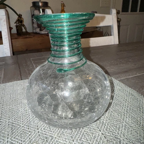 Blenko Crackle Glass Vase Crystal Applied Teal Glass Swirled Around Neck 6.75" T