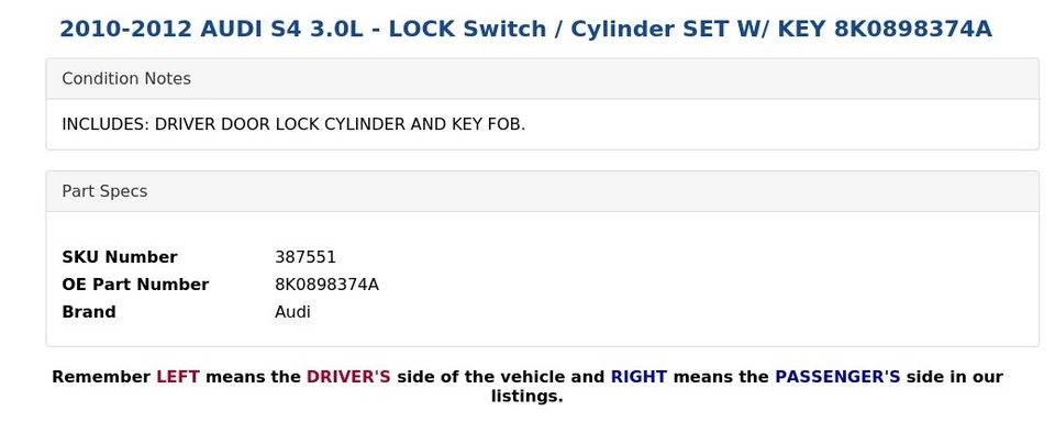 AUDI S4 2010-2012 3,0 L - Interruptor de bloqueo / Juego de cilindros con llave 8K0898374A Foto 4 de 4