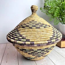 Vintage Yupik Native Alaskan Lidded Basket Coiled Geometric Pattern 8" Tall
