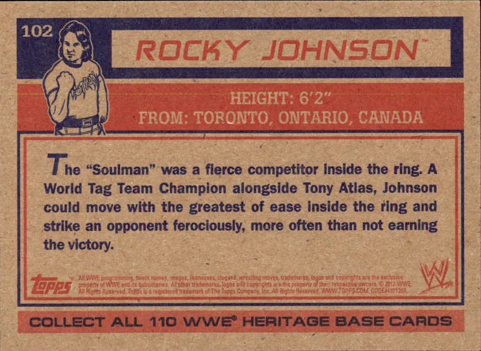 ROCKY JOHNSON 2012 Topps Heritage WWE Base #102 Pro Wrestling Trading Card - Image 2 of 3