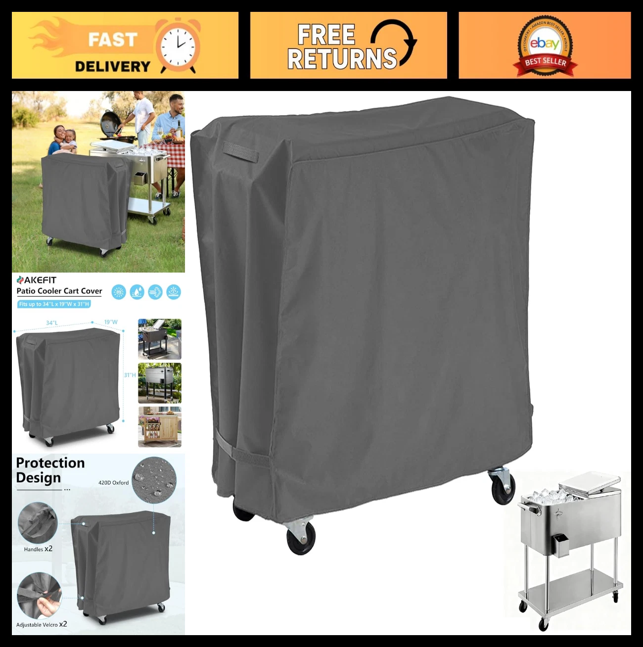 Waterproof Patio Cooler Cart Cover for 65-80 Quart Ice Chest - Grey, 34"Lx19"Wx3
