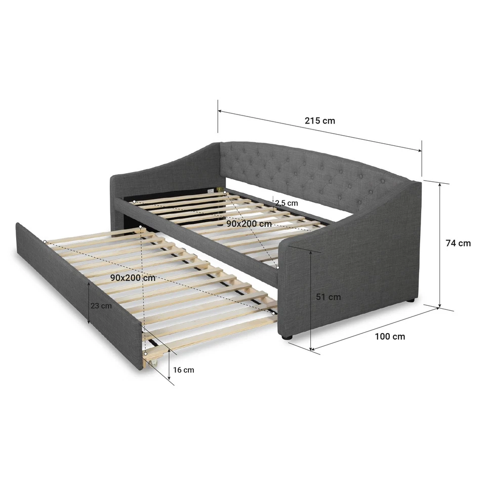 Lit banquette 90×200 cm gris avec tiroir couchage invité et sommier Homestyle4u - Photo 3/4