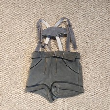 Vintage German Lederhosen Kids Grey Suede Leather Adjustable Straps Pockets