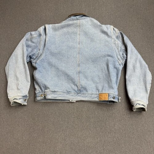 Vintage 90s GH Bass Denim Jacket Mens XL Leather Collar Plaid Lined Workwear image 7