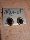 Vintage Monet Black Cabochon Oval Gold Tone Clip On Earrings No Stud ORIGINAL  — photo 1