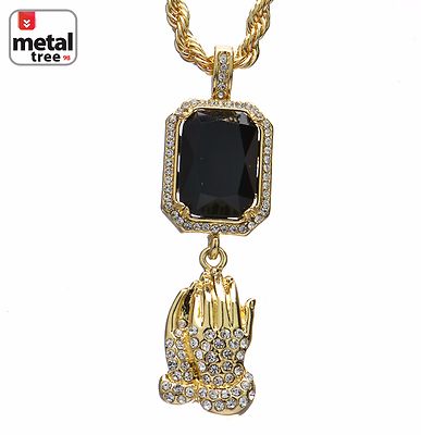 Men's Iced Hip Hop Pray Hand Black Ruby Double Pendant Chain