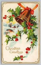 1910 Christmas Greetings Gold Bell & Holly Winter Scene Gilt Embossed Postcard