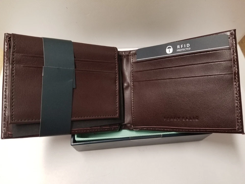 Cartera con estuche para tarjetas de cuero genuino marrón Perry Ellis para hombre Foto 3 de 4