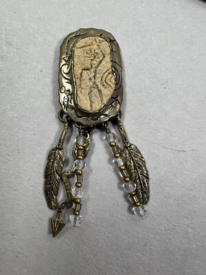 Antique Faience Clay Scarab Filigree Brooch Pendant Egyptian Reviva
