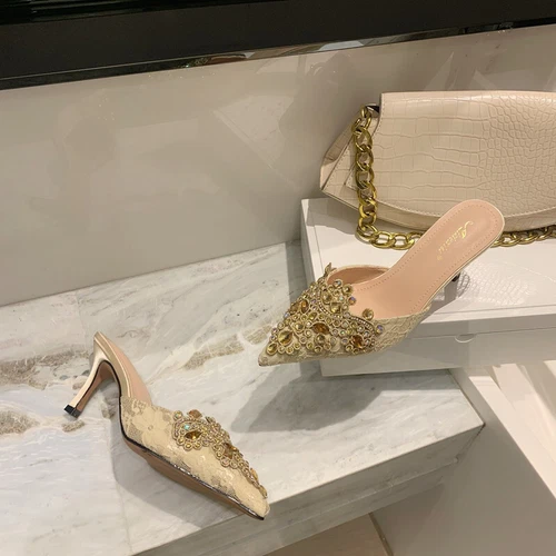 Mujer Moda Puntera Punta Punta Diamante Mulas Zapatillas Gatito Tacones Medianos Zapatos Vestido - Imagen 10 de 15