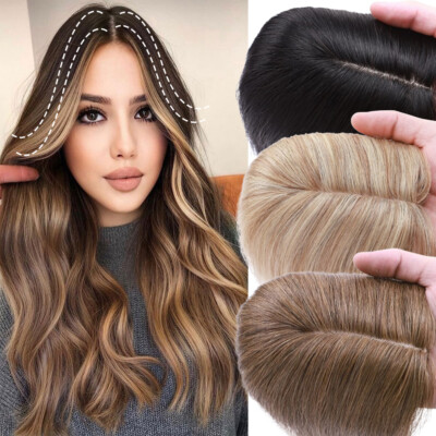 4 Clips 100% Real Human Hair Toupee Piece Clip Hairpiece Wig For Women Topper US