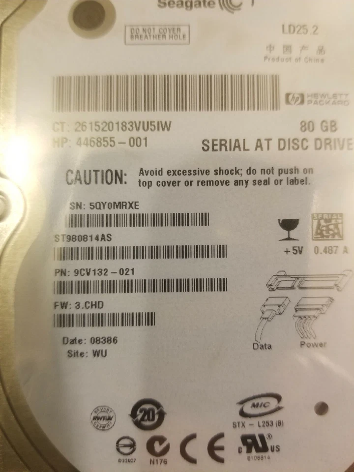 Seagate ST980814AS PN 9CV132-021 FW 3.CHD WU 80GB SATA 2.5 HD D 08386 446855-001 - Image 2 of 2