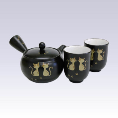 Tokoname Kyusu Teapot set - AKIRA - Tabby cat - 330cc/ml - 1pot & 2yunomi cups