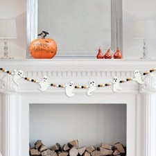 4 FT Halloween Wooden Beads Garland with Ghost Charms, Black Orange White