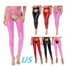 Womens Shiny PVC Leather Cutout Pants High Waist Open Butt Tights Trousers