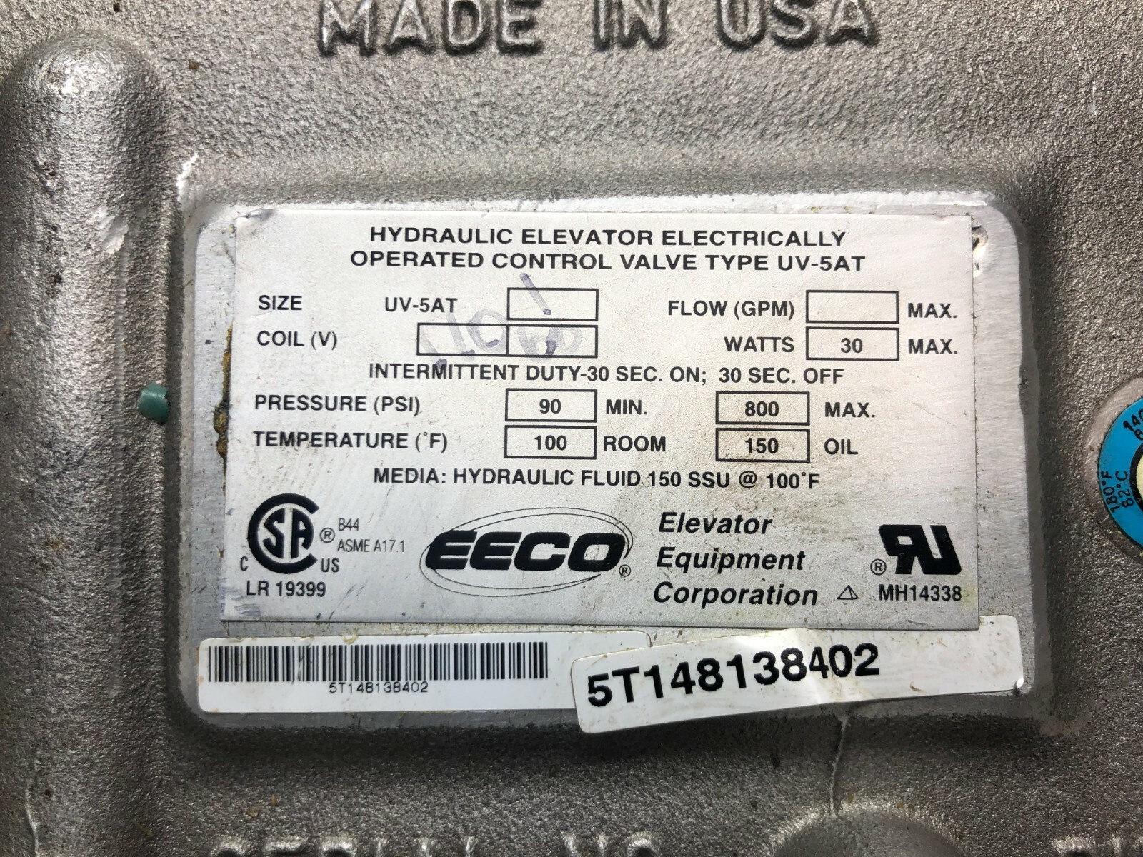 EECO Uv5at Hydraulic Elevator Electrically Control Valve for sale