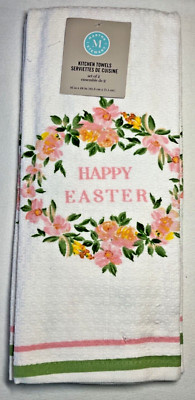 MARTHA STEWART KITCHEN TOWELS (2) WHITE HAPPY EASTER 100% COTTON NWT