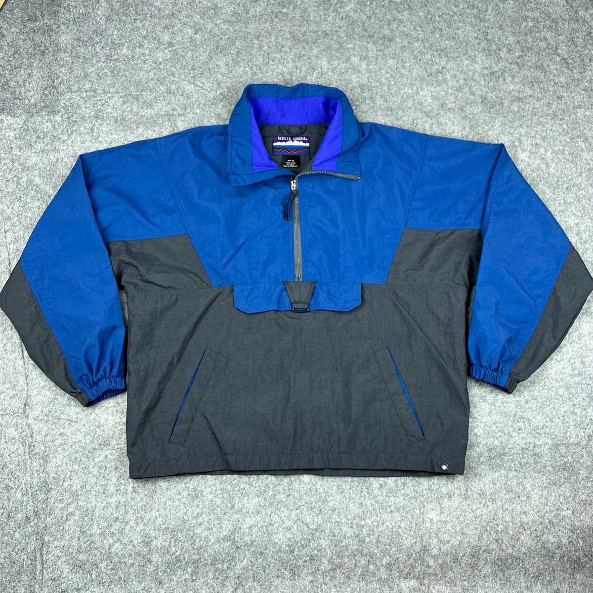 VTG White Sierra Jacket Mens Medium Blue Black Nylon Anorak Half Zip Outdoors