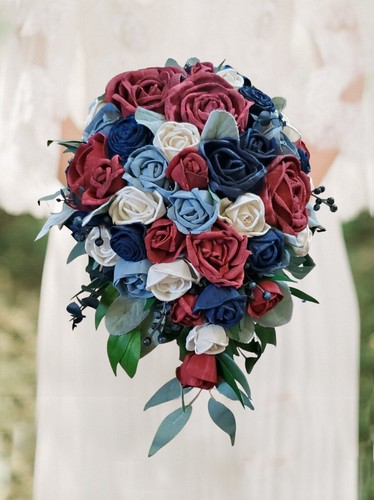 Sola Wood Bridal Cascade Bouquet Wedding Flowers Blue Pink Burgundy Yellow Gray - Picture 8 of 16