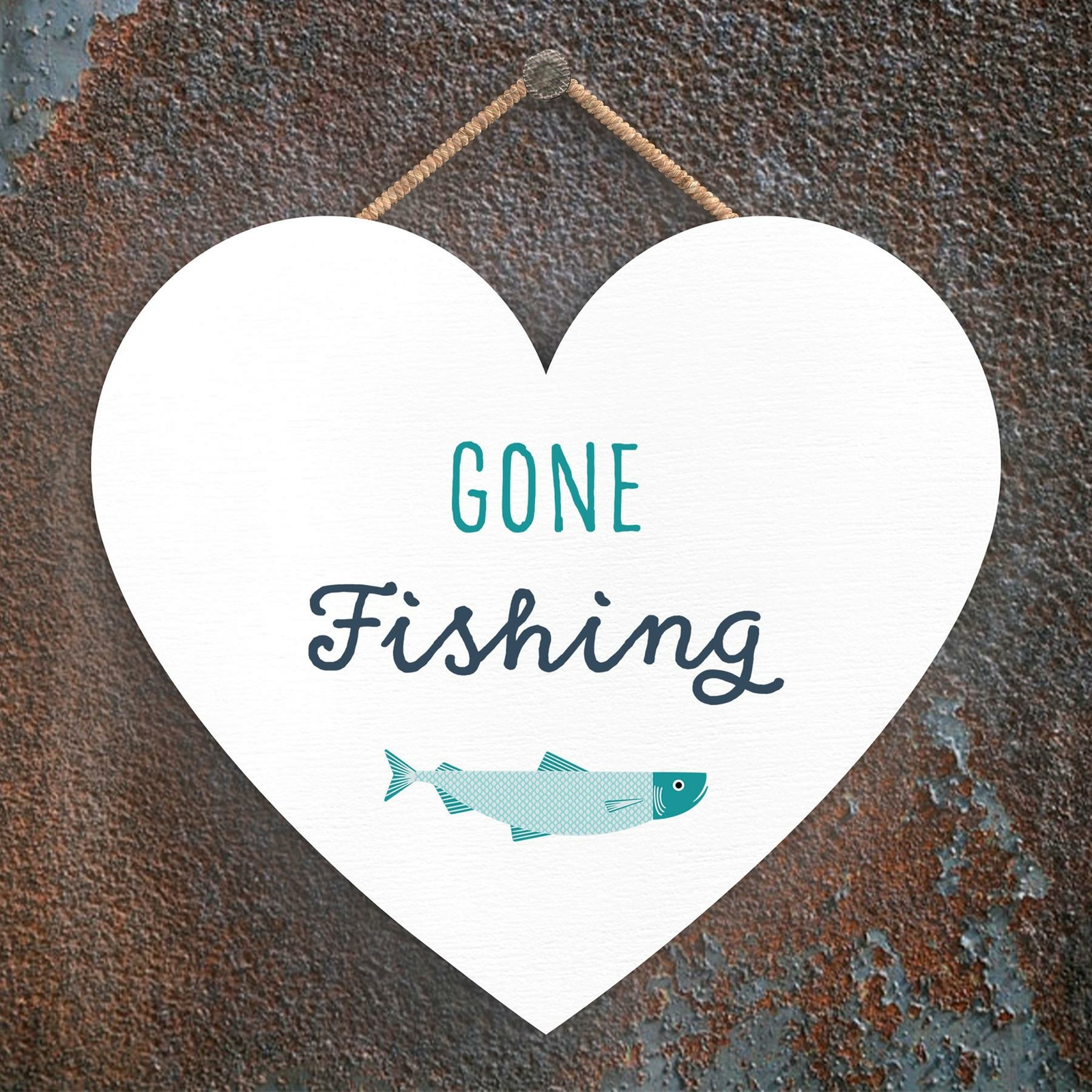 GONE FISHING SEASIDE BEACH THEMED NAUTICAL HEART HANGING PLAQUE