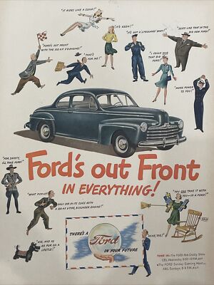 1946 vintage Ford automobile print ad, Fords Out Front