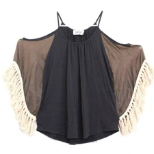 VaVa by Joy Han Black Goth Top Fringe Bat wing Sleeves Mixed Media Sz S