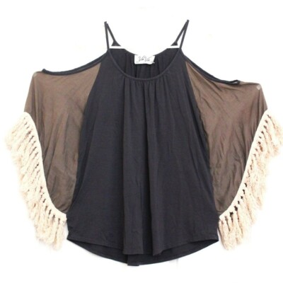 VaVa by Joy Han Black Goth Top Fringe Bat wing Sleeves Mixed Media Sz S