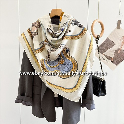 Sallys 70% Cashmere 30% Silk Stole Carriage Print Double Face Scarf Shawl 53" - Picture 2 of 26