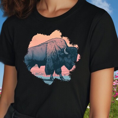 Frauen T-Shirt Handgezeichneter Bison Motiv Baumwolle Größe S bis 3XL