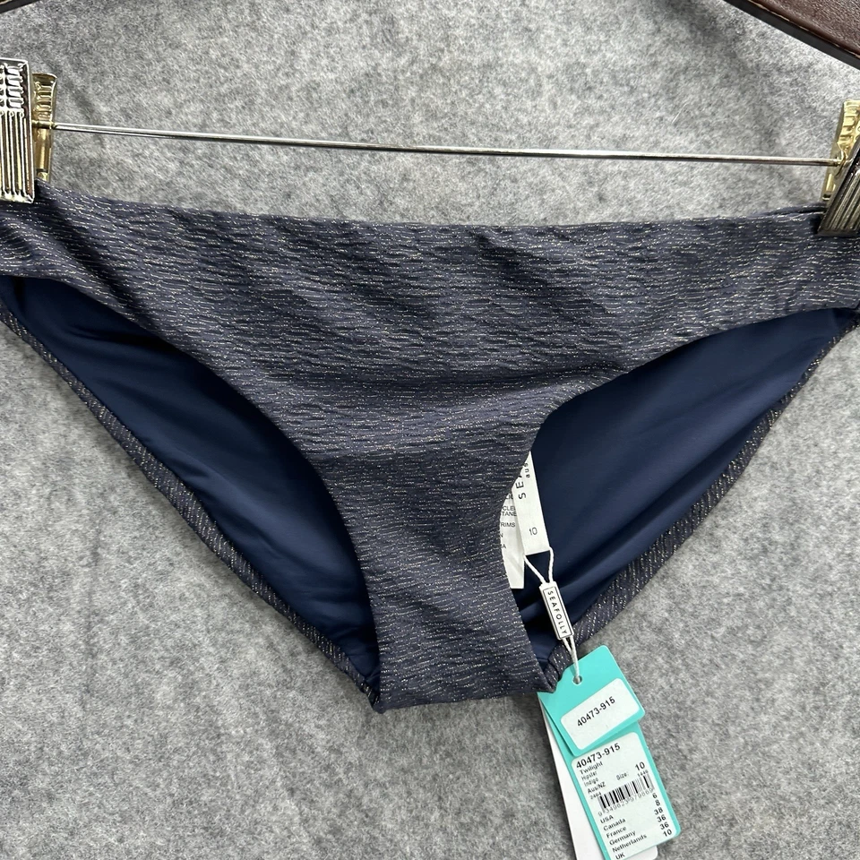 Parte inferior de bikini de natación Seafolly Twilight Hipster para mujer EE. UU. 6 AU 10 azul dorado nueva Foto 3 de 4