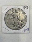 1943 Walking Liberty 90 % Silver U.S. Half Dollar - Free Shipping!