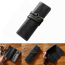 Vintage Genuine Leather Pen Pouch Roll-up Pencil Case Bag Stationery Storage US