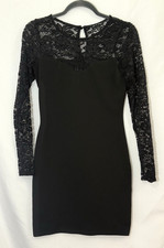 AUW As You Wish Black Lace Yoke Long Sleeve Mini Dress Womens Size S Bodycon