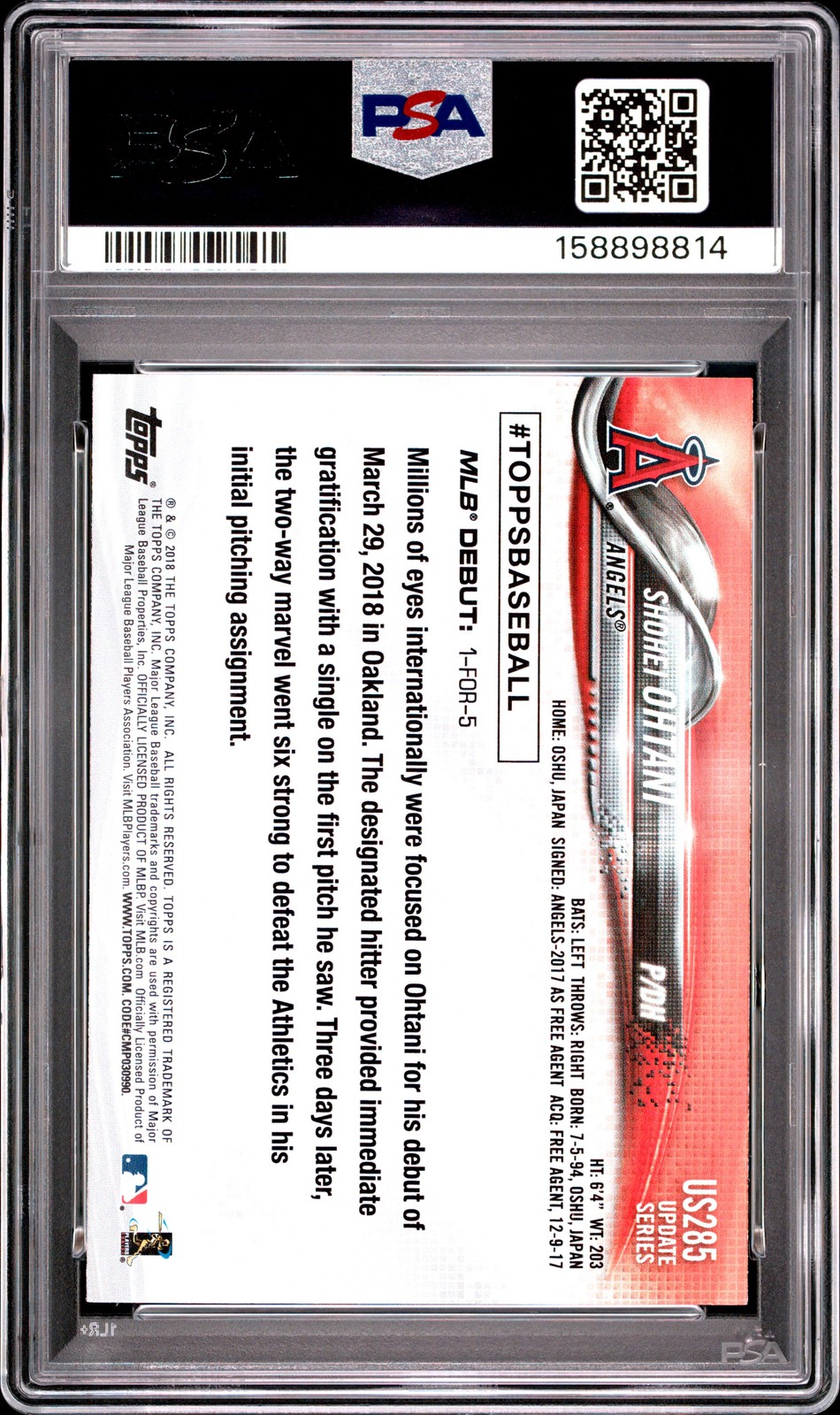 2018 TOPPS UPDATE #US285 SHOHEI OHTANI ROOKIE RC PSA 9 view 2