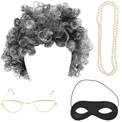 Gangster Oma Set - Maske, Brille, Perücke & Perlenkette - Kostümparty