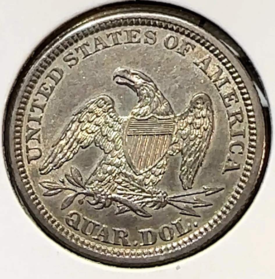 1861 Liberty Seated Quarter Nice Original AU/Unc Silver/Gold Patina CHRC - Image 2 of 2